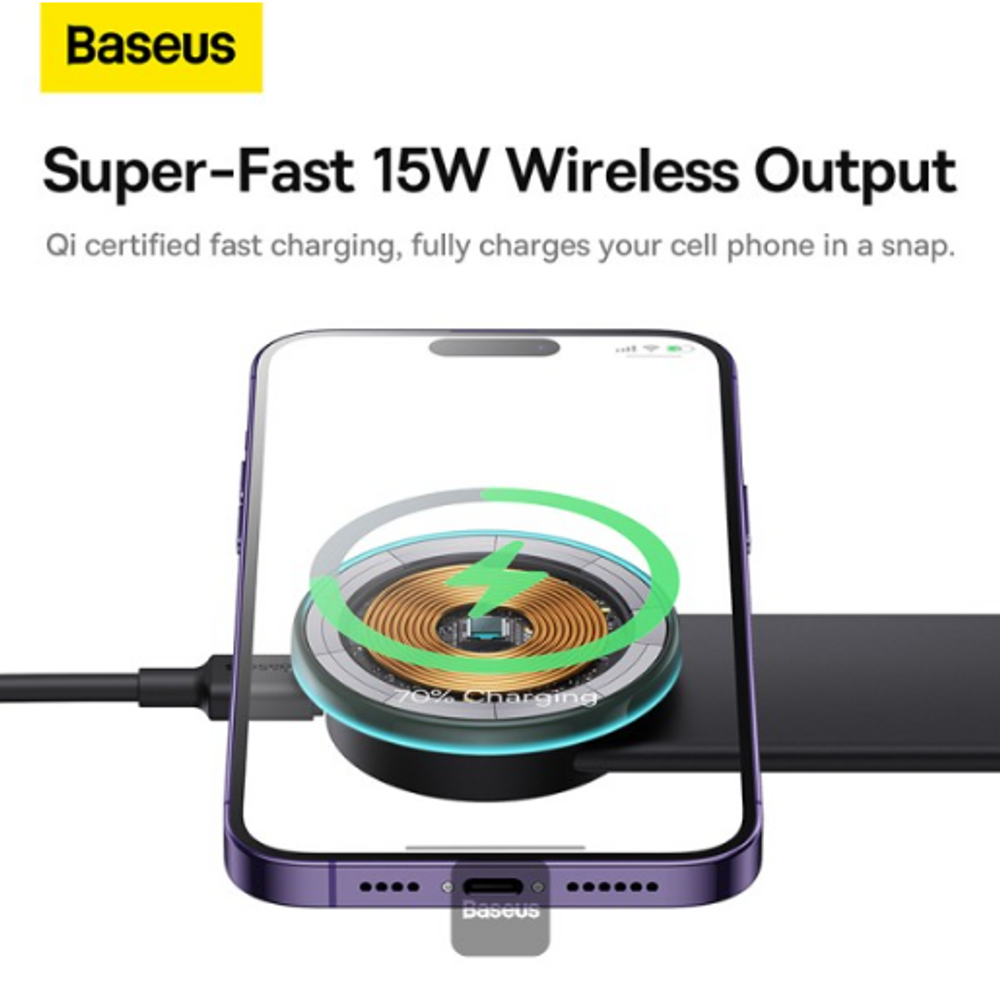 Wireless car charging mount showing charging coil under a phone on a black pad