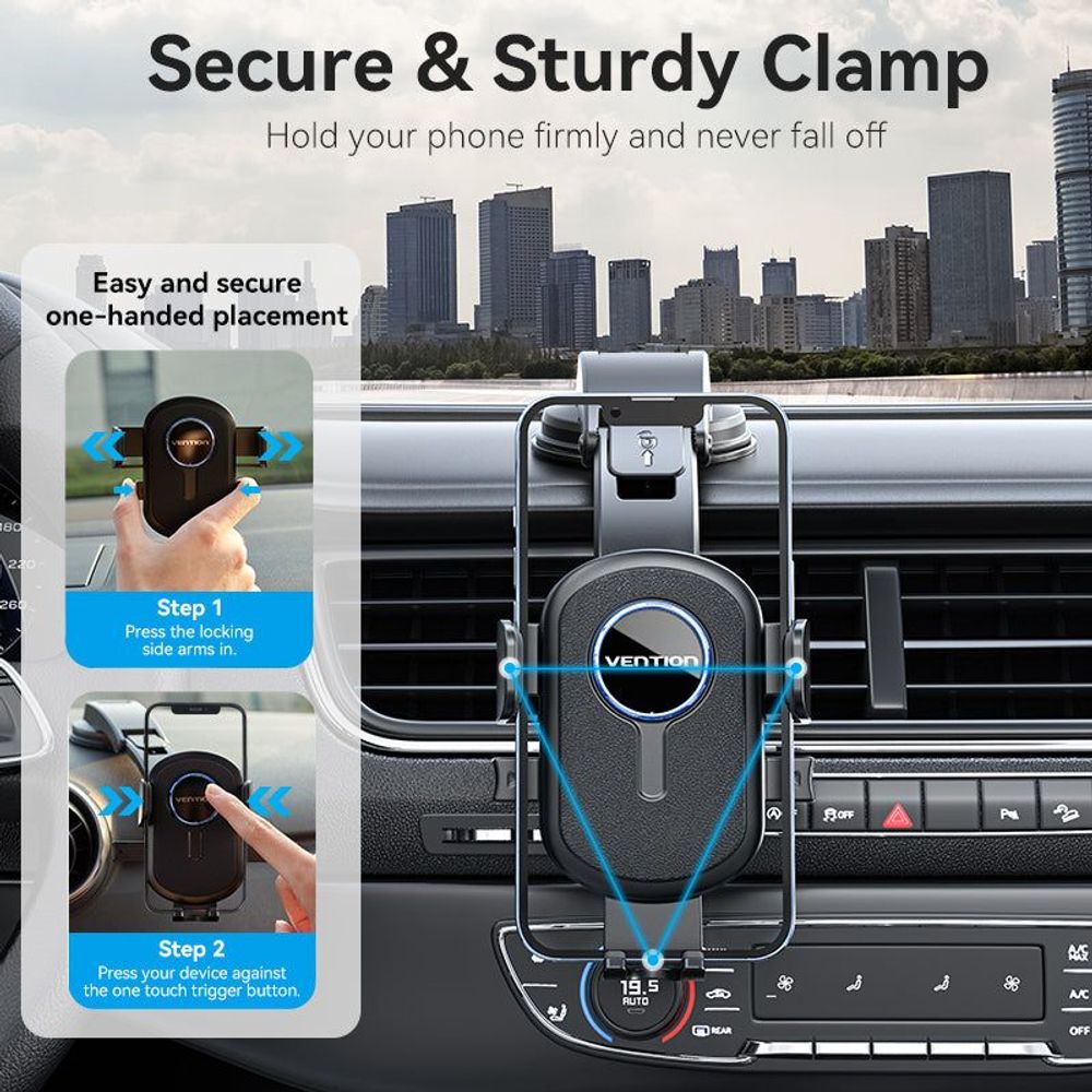 Black car phone mount with secure spring clamp and suction base on dashboard