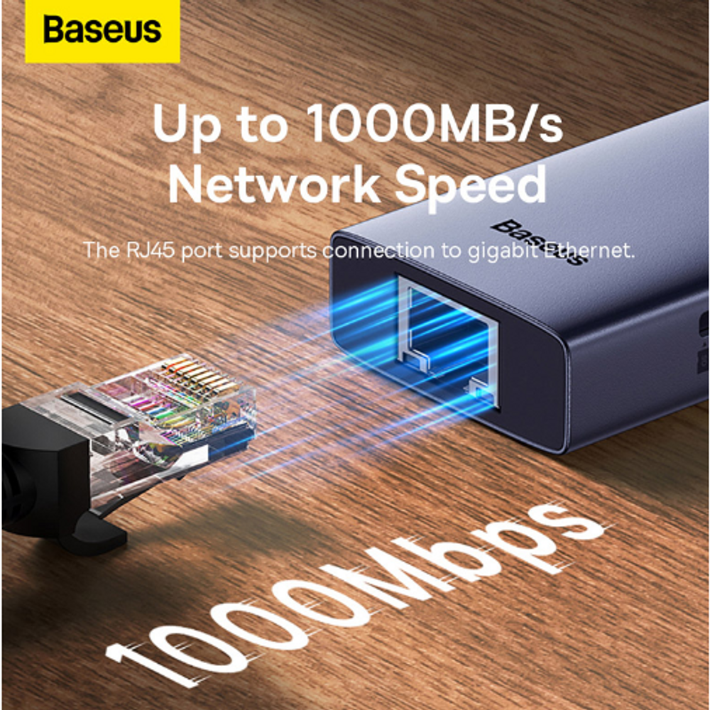 Space gray Ethernet hub with RJ45 port and glowing data effect near the side