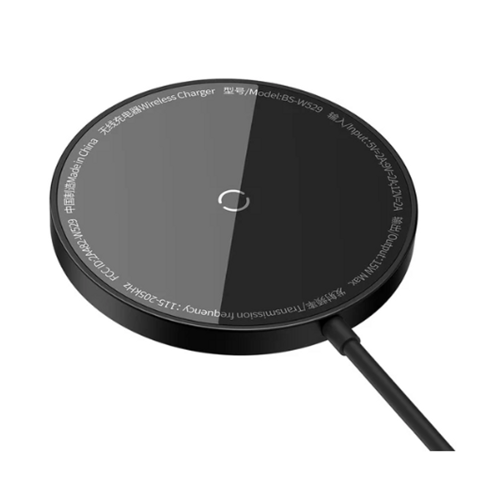 Black wireless charger pad underside with certification text and connected cable