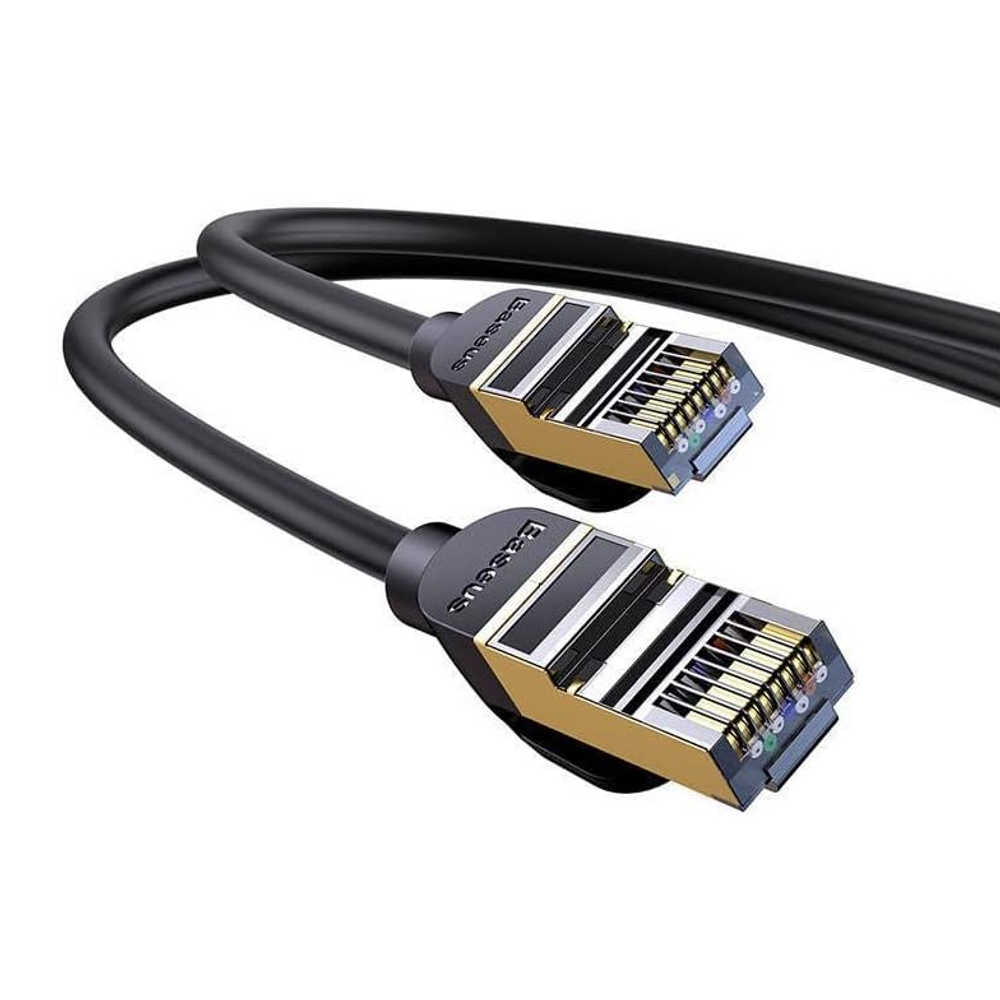 Black Cat 7 RJ45 cable with gold-contact RJ45 plugs, dual connector ends
