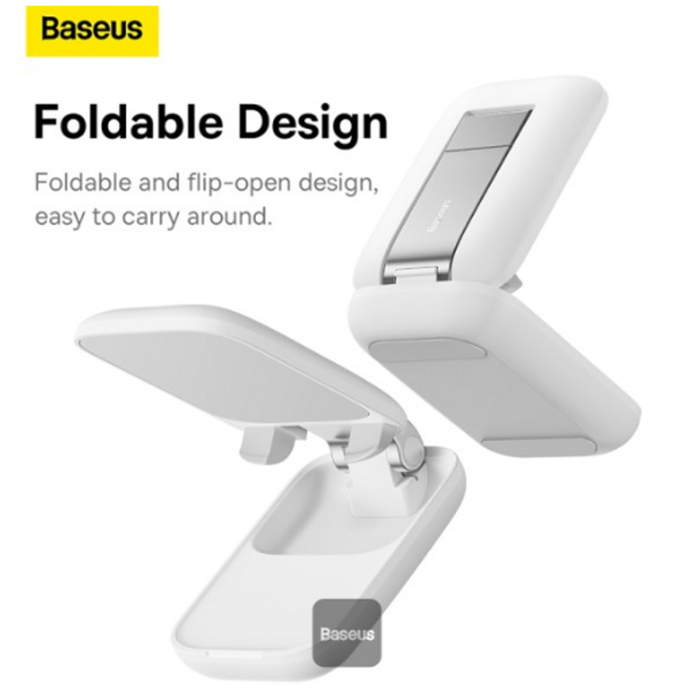 Baseus Moon White foldable flip phone stand, open for viewing