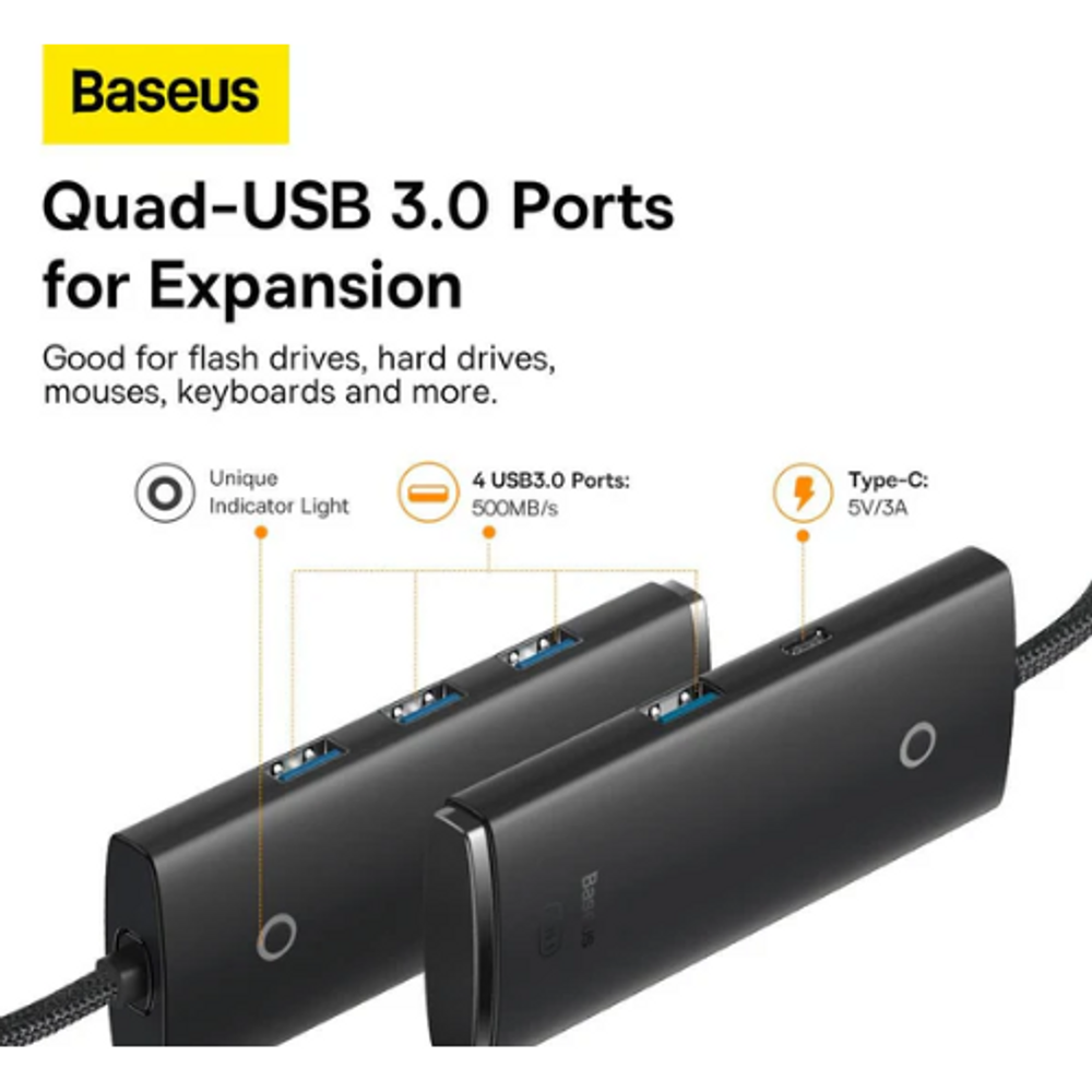 Black Baseus USB-A 4-port USB 3.0 hub adapter with four port openings along the edge