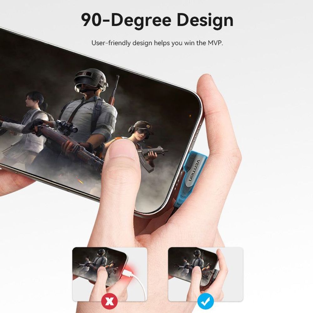 Right-angle USB-C to USB-C cable with braided black cord in hand-held view.