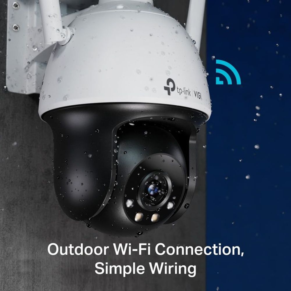 Weatherproof outdoor security camera close-up with raindrops on white-and-black dome