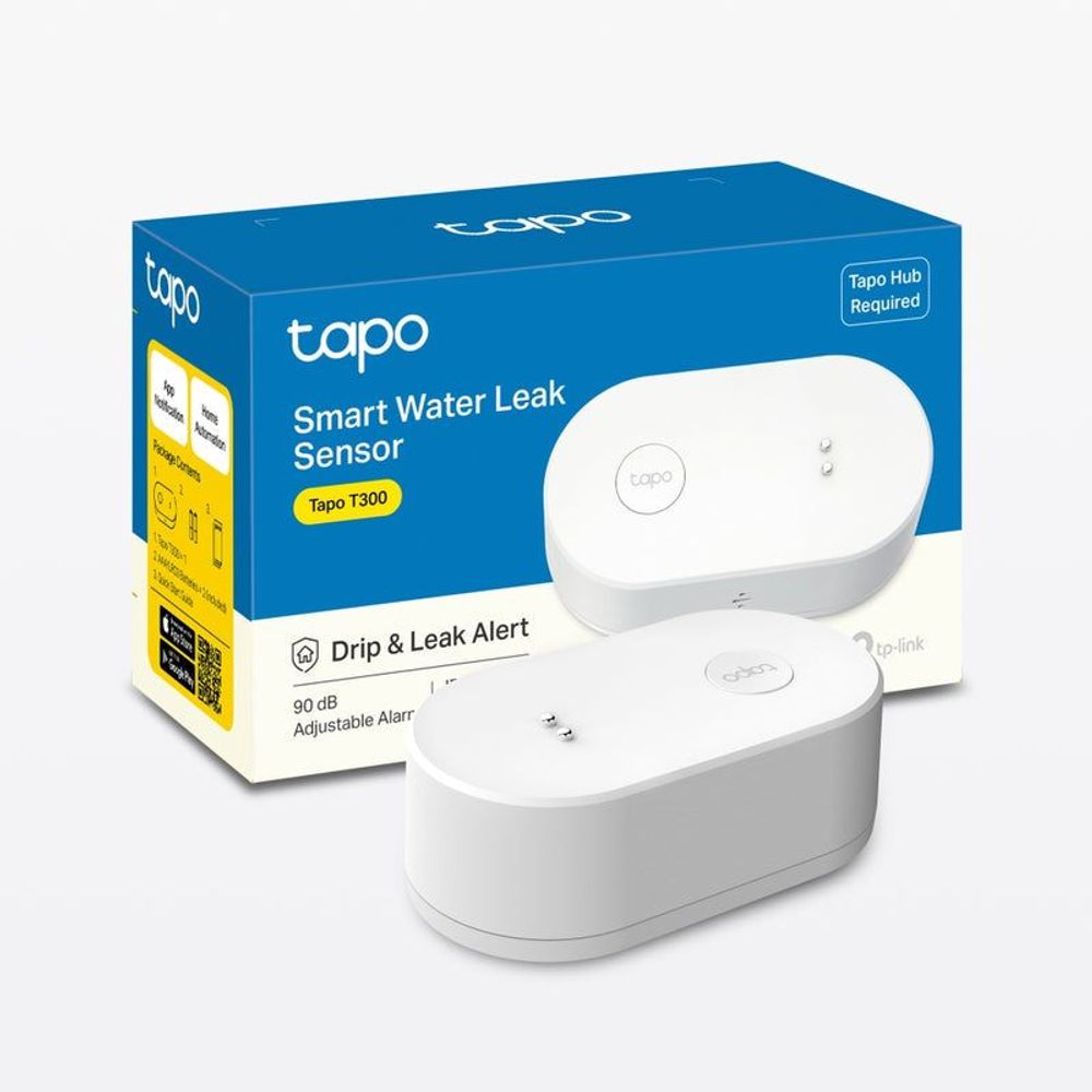 TP-Link Tapo smart water leak sensor kit with white sensor and product box
