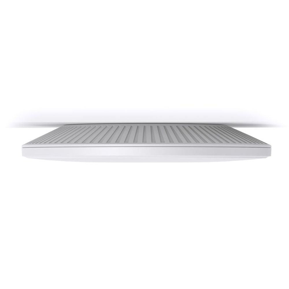 Vented top panel of a slim white ceiling-mount Wi-Fi access point