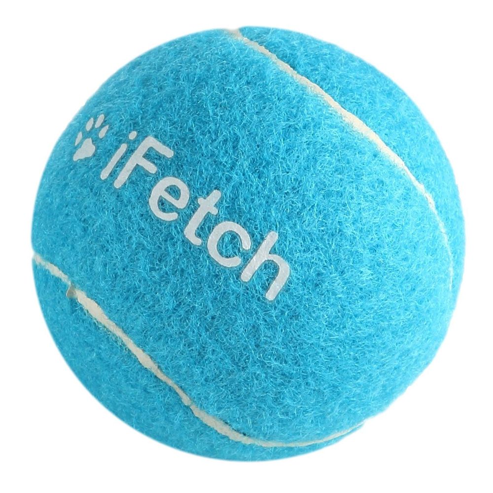 Blue iFetch plush pet toy ball with white paw logo and seam stitching