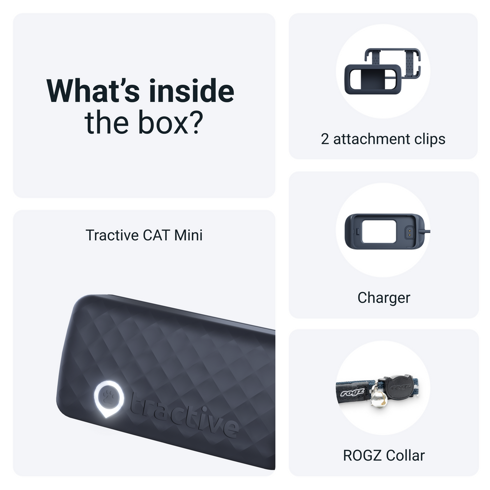 Cat tracker and box contents: charger, 2 clips, and Rogz collar