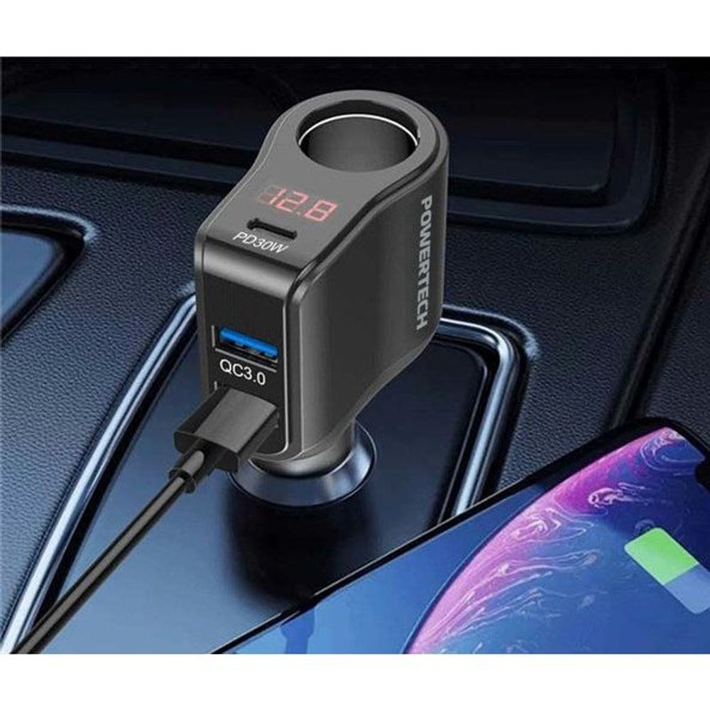 Compact Car Cigarette Lighter Adaptor With PD30W and Dual QC3.0 Outputs