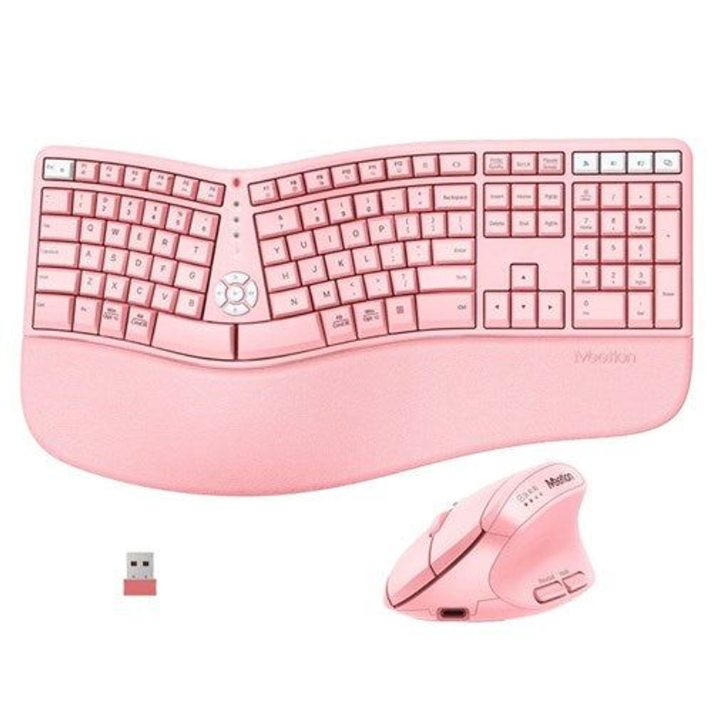 MEETION 2.4GHz Ergo Wireless Keyboard + Mouse Combo Pink