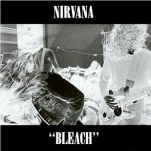 Nirvana Bleach album cover artwork, black-and-white photo with guitar and band logo