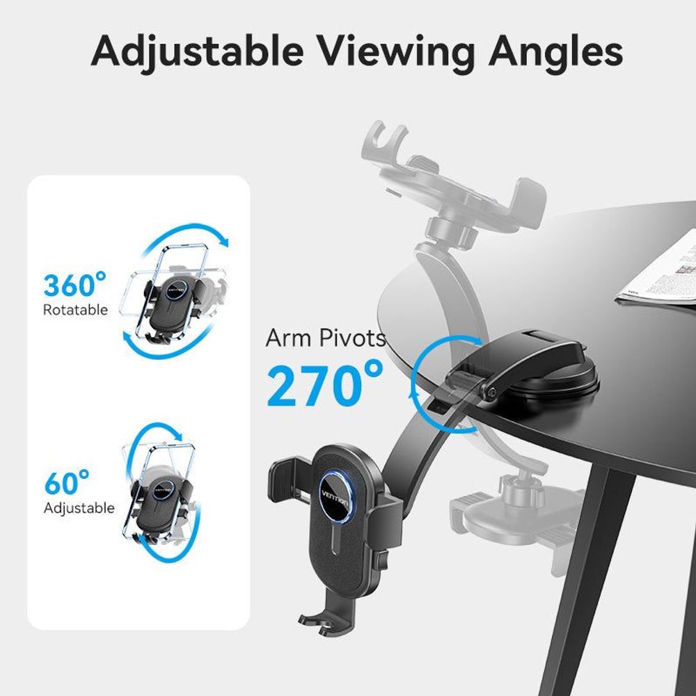 Black adjustable car phone mount with rotatable long arm and cradle