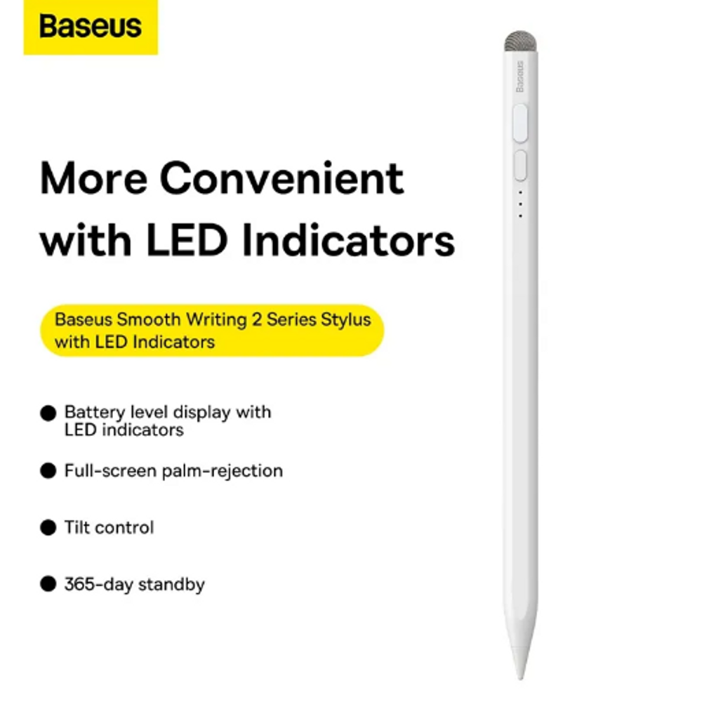 BAS36777 - OS-Baseus Smooth Writing 2 Series Stylus with LED Indicators, Moon White (Active/Passive version with type-C cable, active pen tip and passive pen cap)