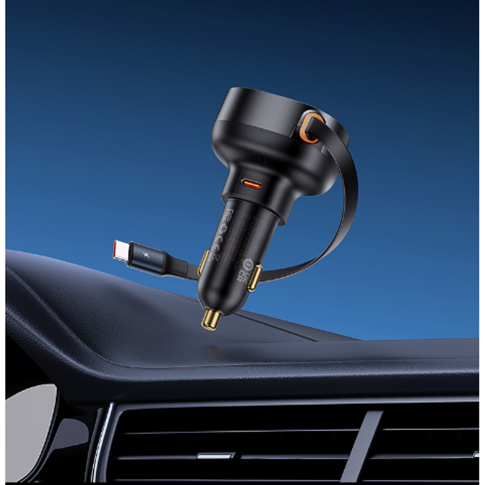 Black retractable car charger with flexible cable and dual connectors
