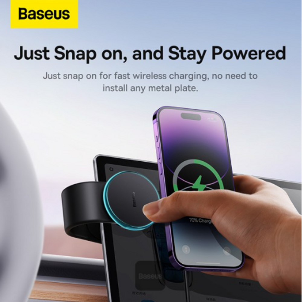 Black magnetic wireless car charger mount holding a phone on snap-on circular pad