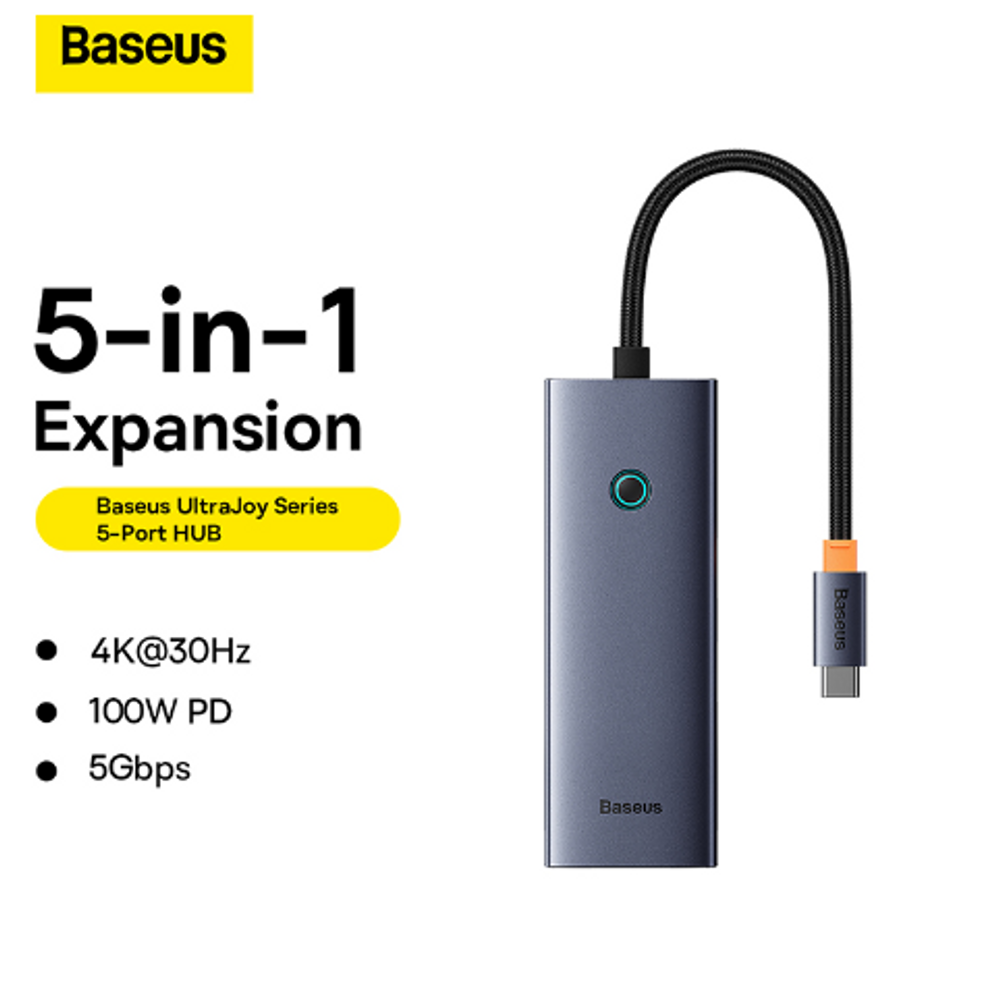 Space gray USB-C 5-port hub with status LED ring and braided USB-C cable