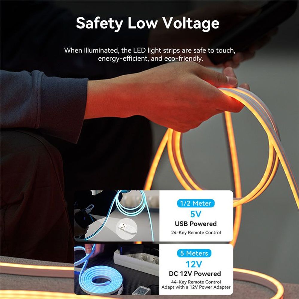 Silicone neon LED strip lights with 5V USB power, warm orange glow near hand.