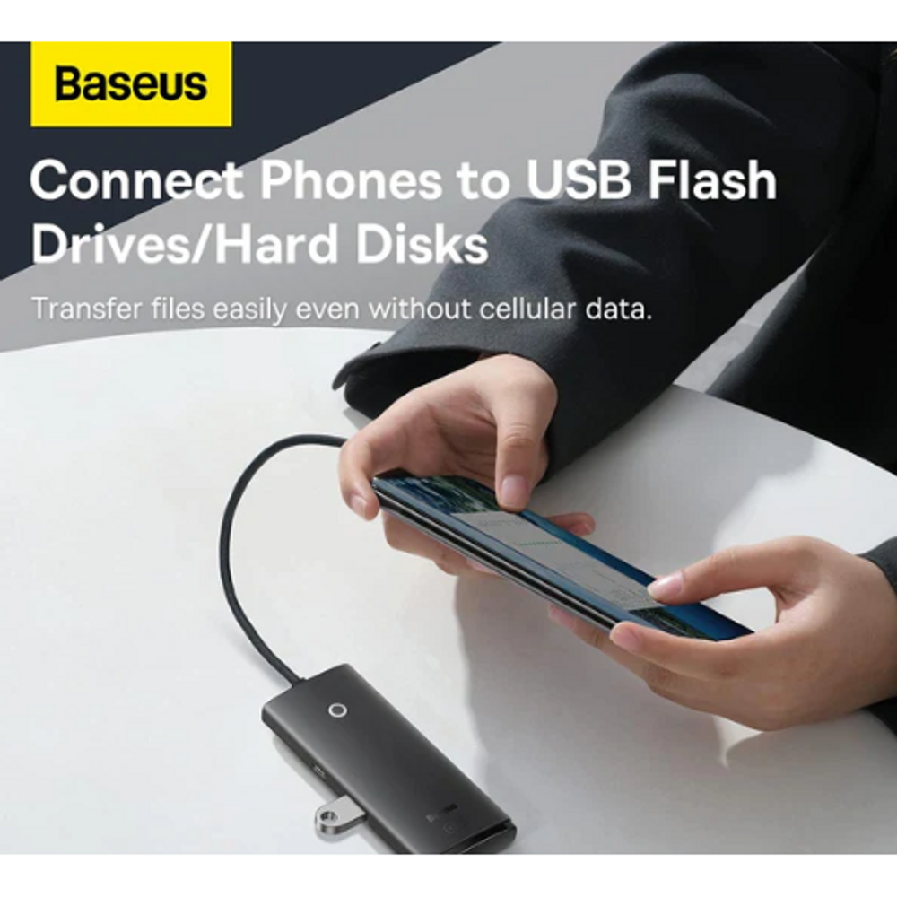 Black Baseus USB-A 4-port USB 3.0 hub adapter connected to a USB flash drive
