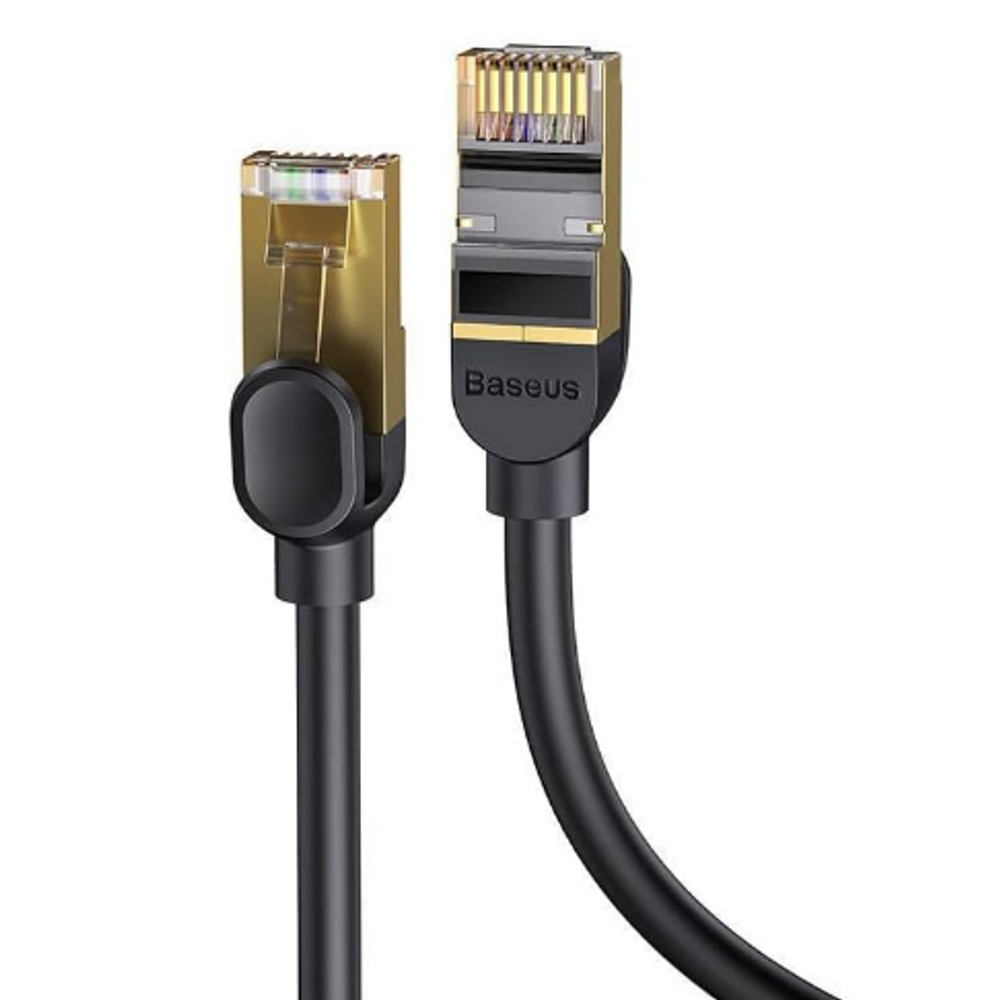 Black RJ45 network cable plugs with gold contacts and Baseus logo