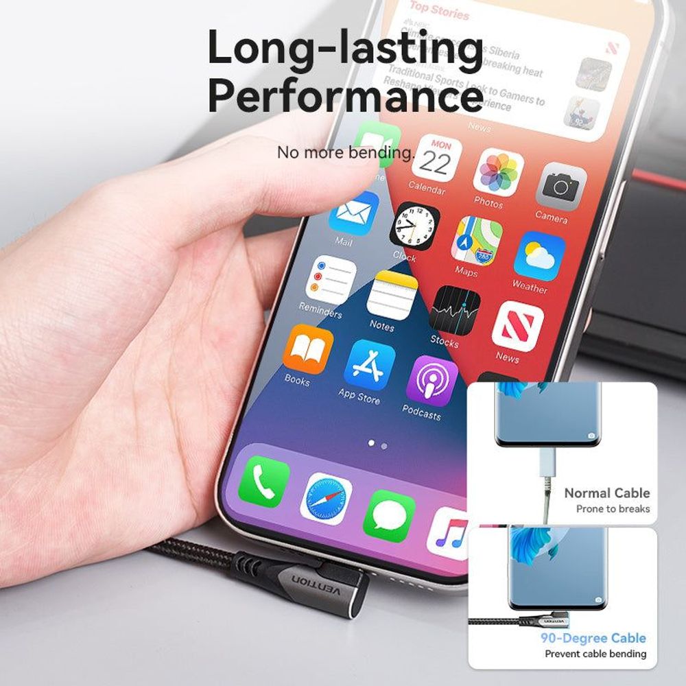 Black braided USB-C right-angle cable connected to a smartphone for charging
