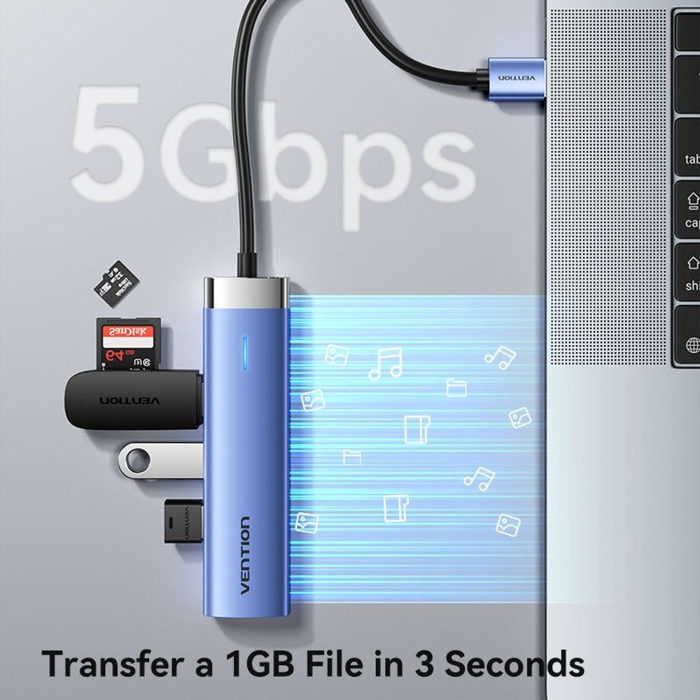 Blue aluminum USB hub with Ethernet port and USB-A connection, showing fast transfer icons
