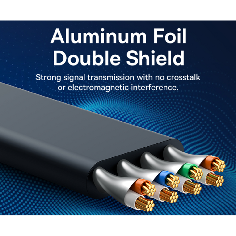 Flat Ethernet cable end with aluminum foil double shielding detail