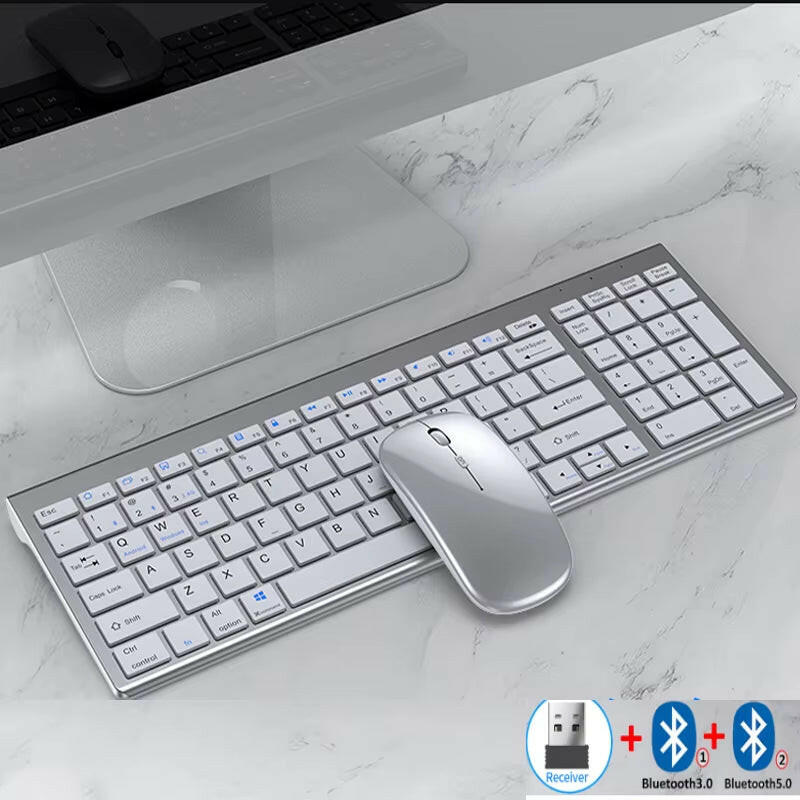 Slim Rechargeable Bluetooth Keyboard and Mouse Set for Laptop Computer 2.4G USB Wireless Keyboard and Mouse Combo Silver English