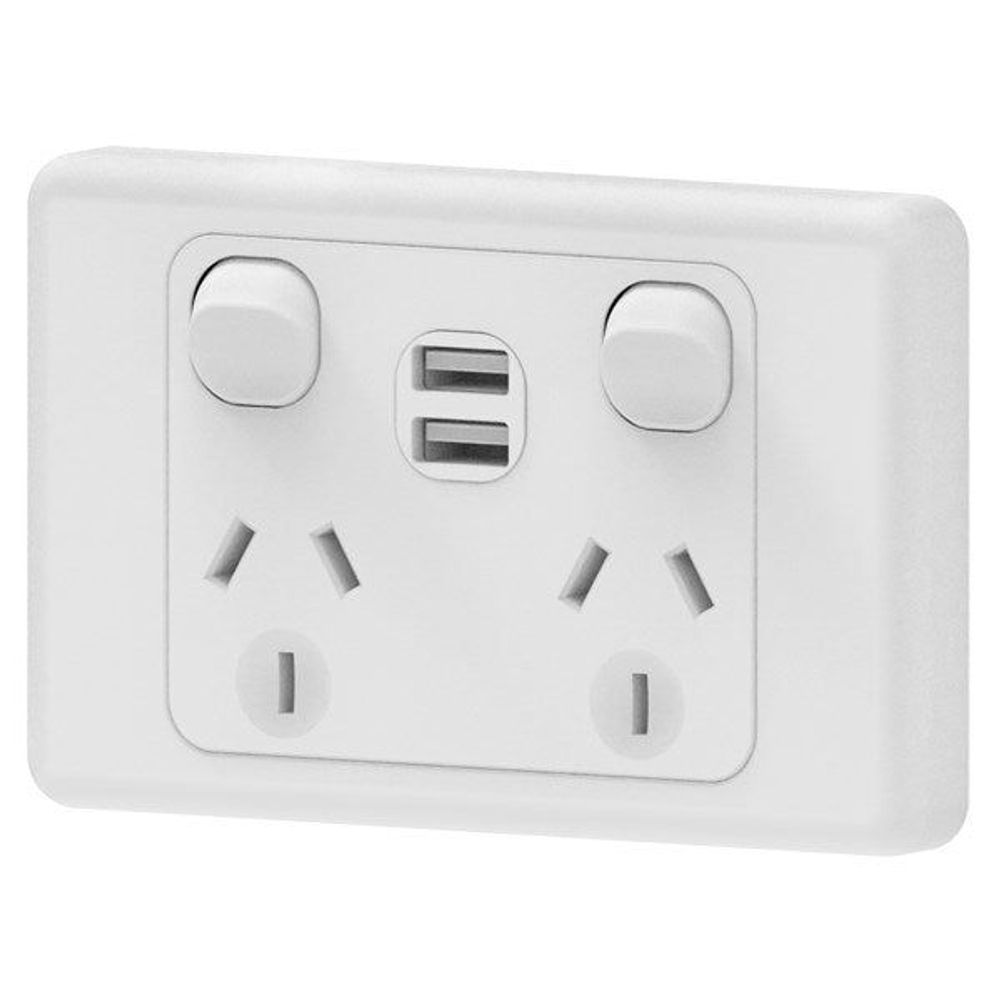 Mains 10A Horizontal Double Powerpoints with 2 USB (5V/2.1A)