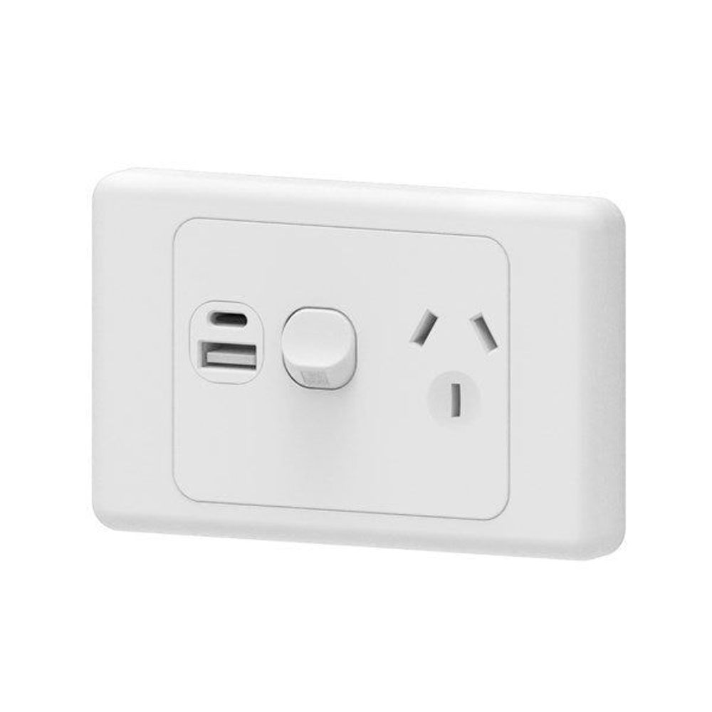 Mains 10A Horizontal Single Powerpoint with Type A+C USB (5V/2.1A)