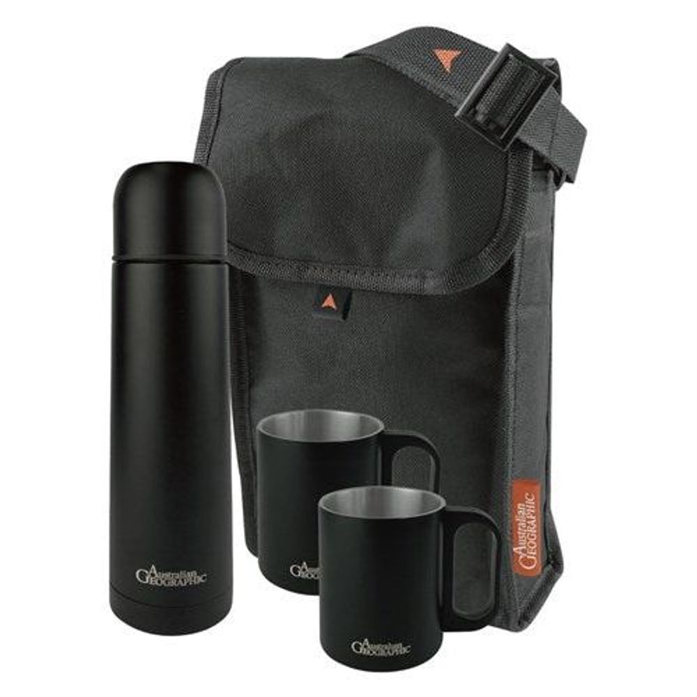 Australian Geographic Stainless Steel Flask & Mug Set- Black