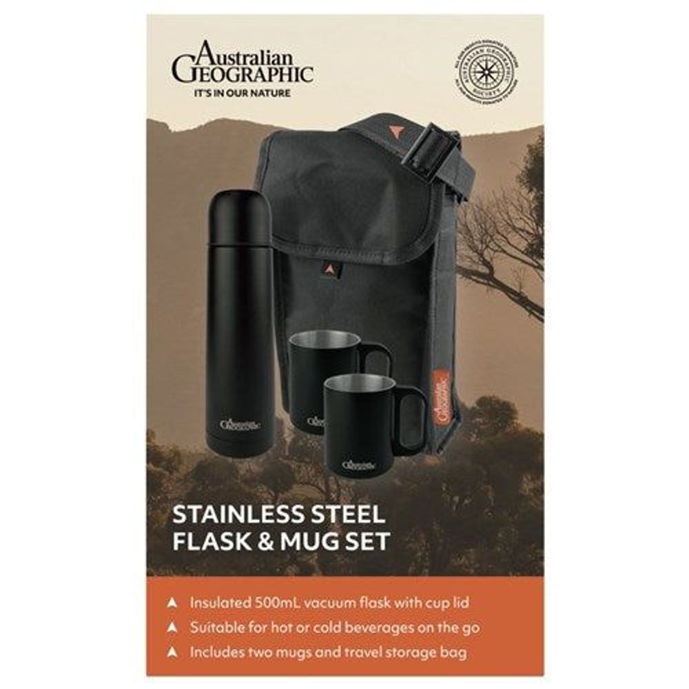 Australian Geographic Stainless Steel Flask & Mug Set- Black