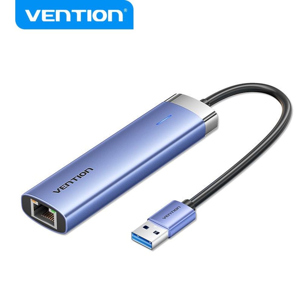Blue aluminum USB hub with USB-A plug, built-in Ethernet and multiple ports