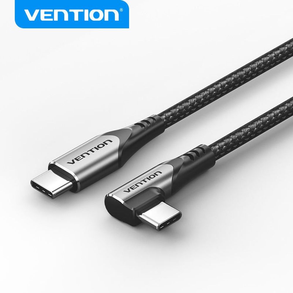 Black braided right-angle USB-C to USB-C cable, metal connector housings, gray accents.