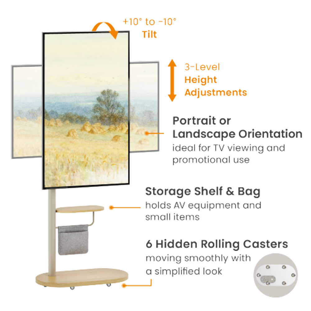 Bracom Mobile TV Display Floor Stand with Integrated Cable Management Fine Texture Light Brown & Beech