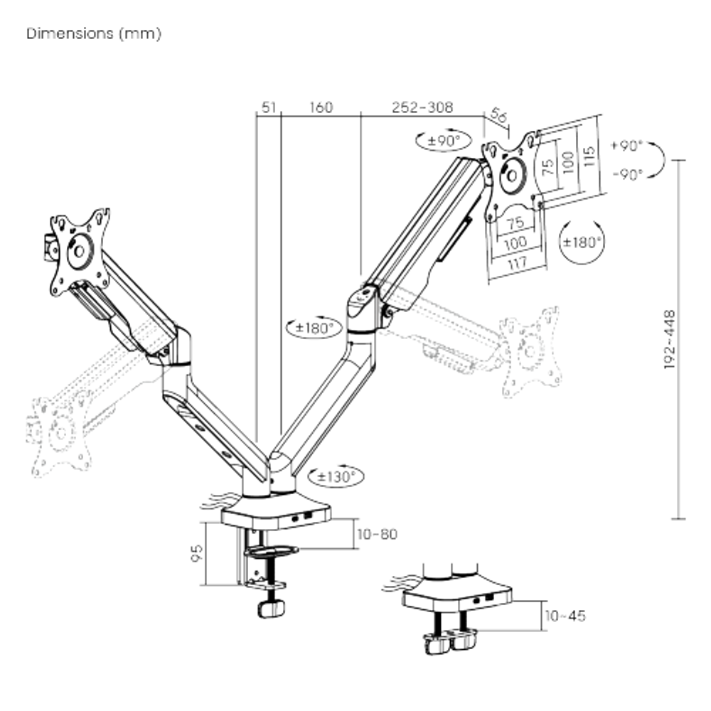 Bracom FlexPrecision Cost-Effective Gas Spring Dual Monitor Arm with USB Ports White