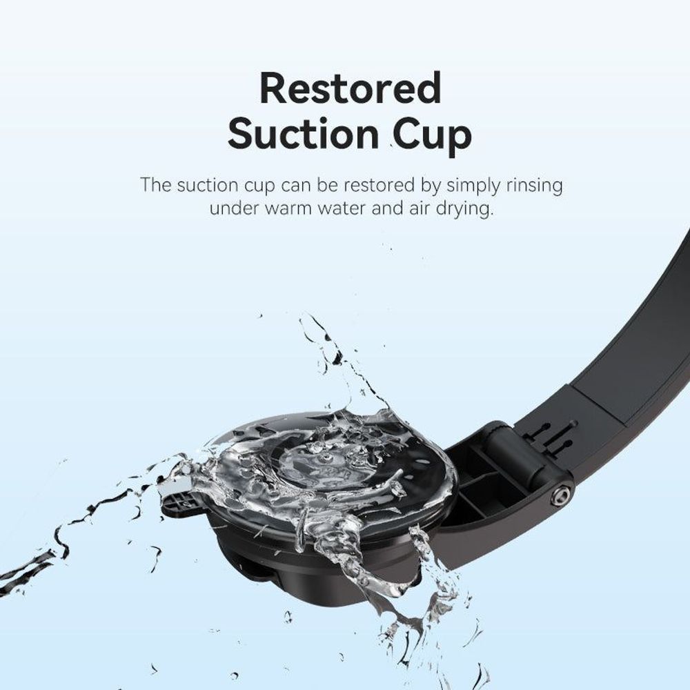 Black suction-cup car phone mount with arm, shown with water splash