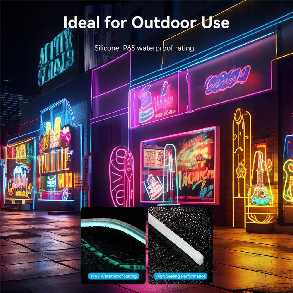 Silicone neon LED strip lights, IP65 waterproof design glowing in outdoor signage colors.