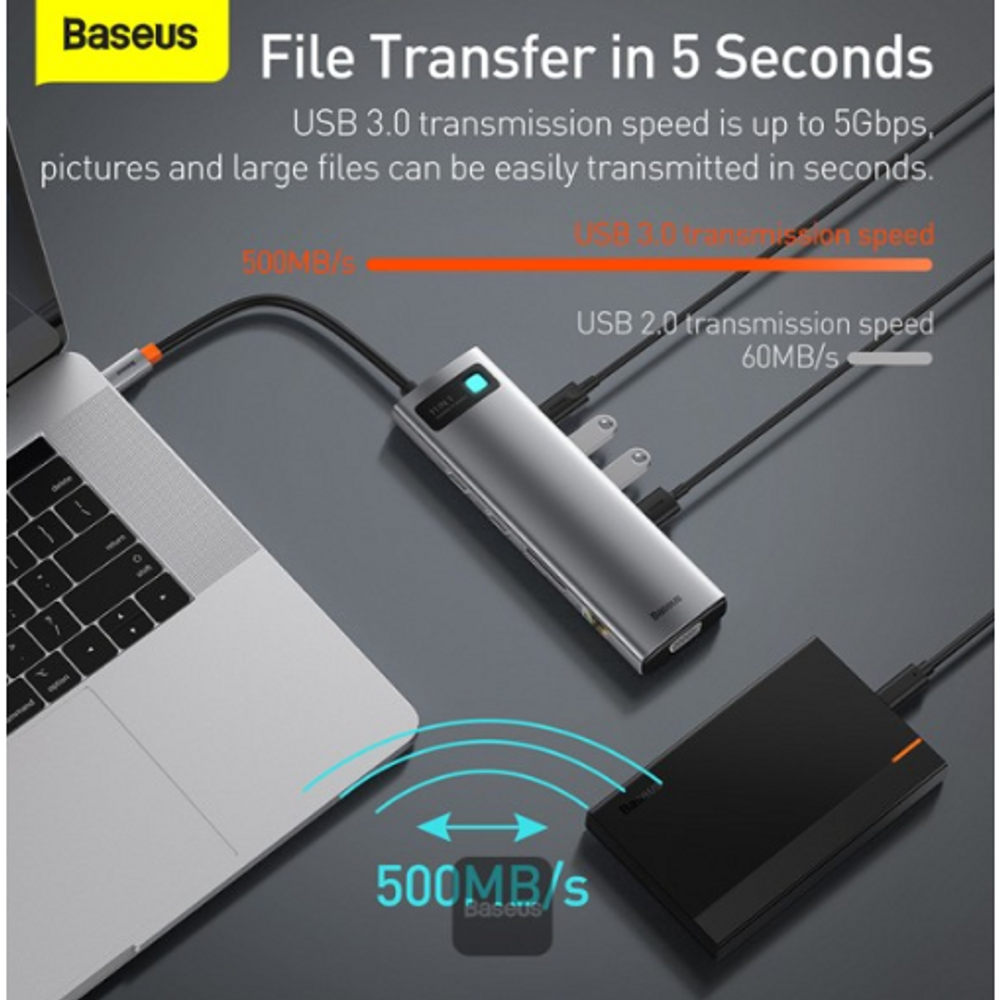 Space gray USB-C docking hub with indicator light and visible USB ports