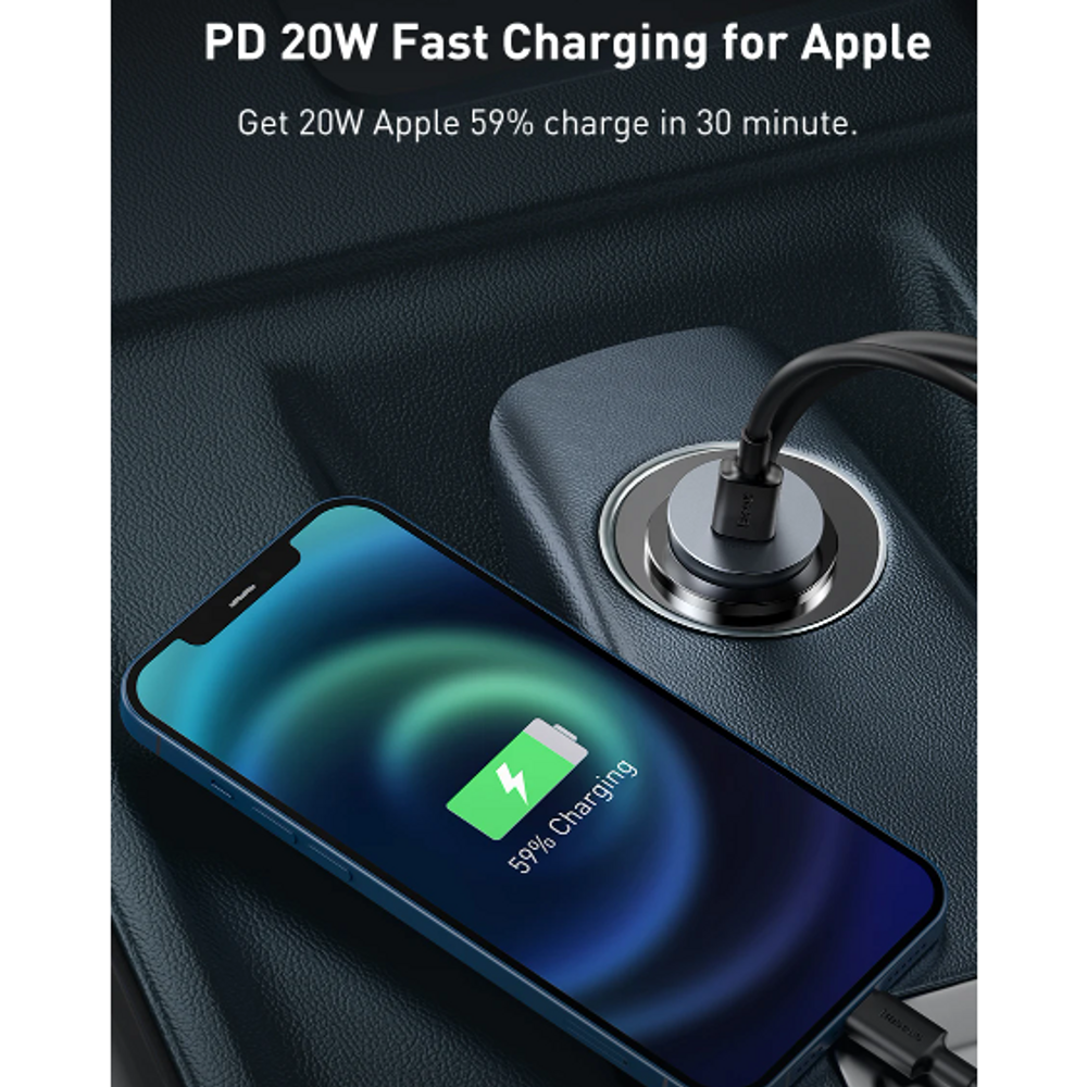 Car charger connected to cigarette lighter with phone charging on car dashboard