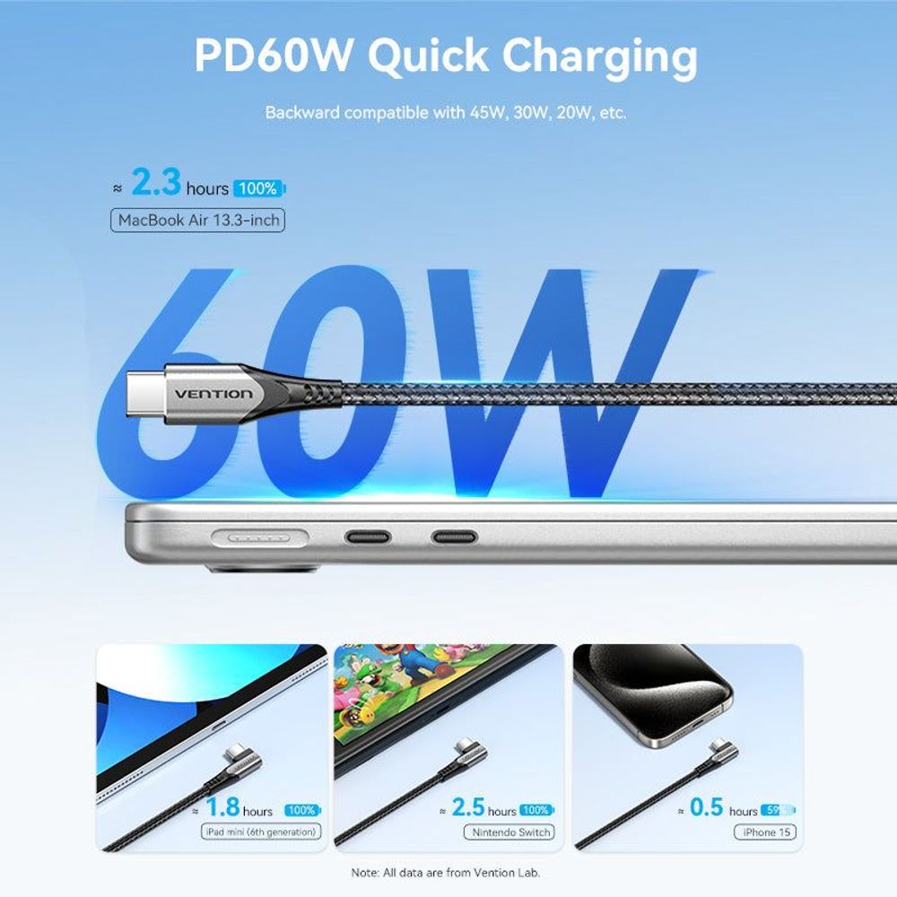 Black braided USB-C right-angle cable with silver connectors, shown along a laptop.