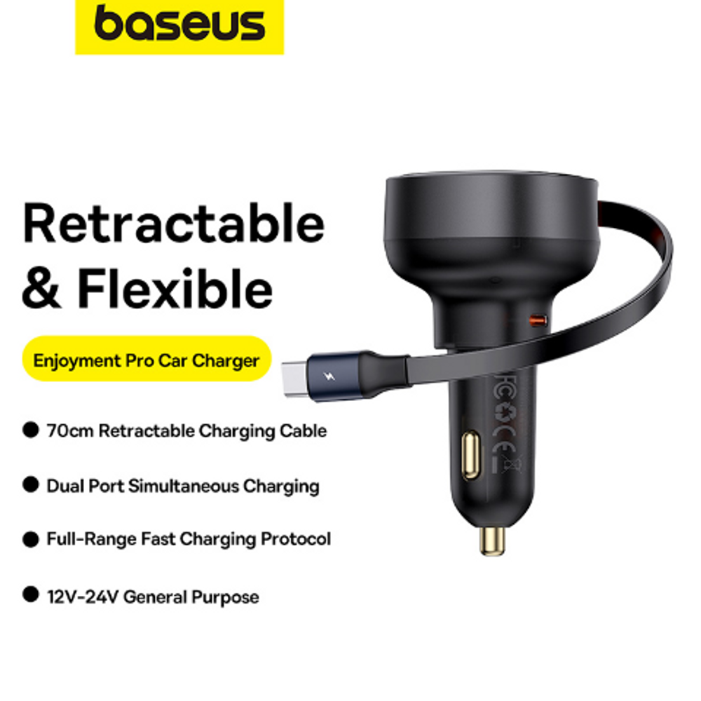 Black retractable car charger with flexible cable and dual charging ports