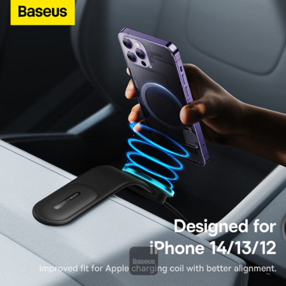 Black magnetic wireless car charging pad with phone and blue charging coil glow