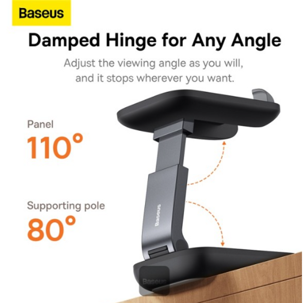 Black phone stand on tabletop with adjustable damped hinge and angled platform