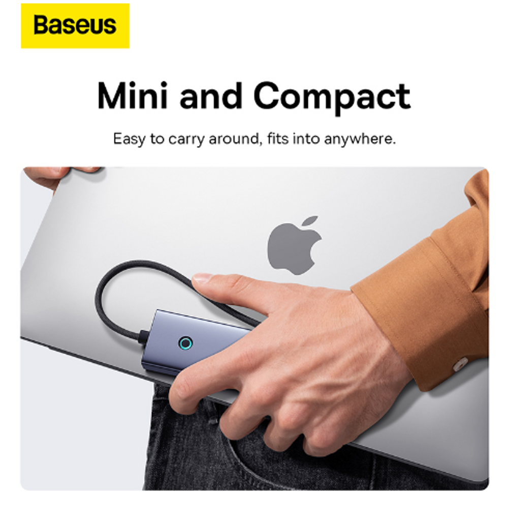 Compact space gray USB-C 5-port hub held in hand with LED ring and cable