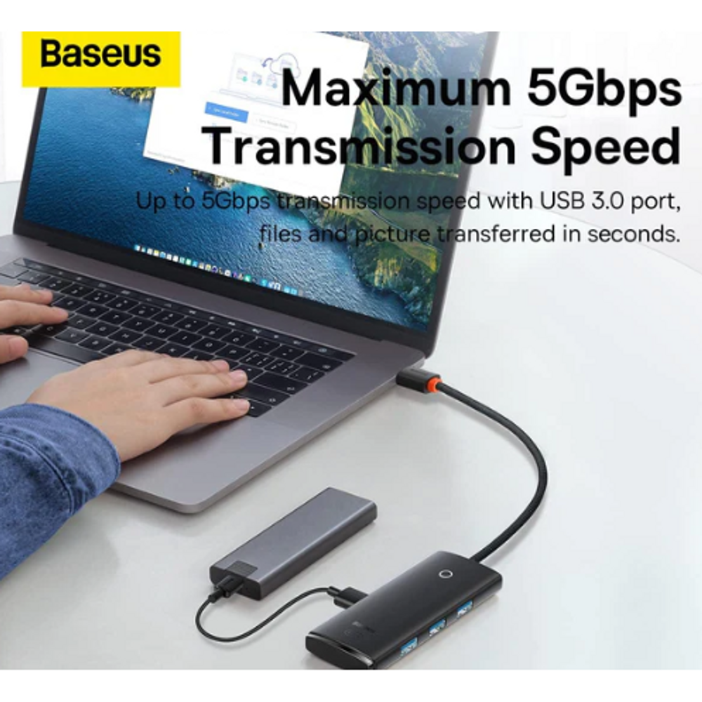 Black Baseus USB-A 4-port USB 3.0 hub adapter with cable connected to a laptop