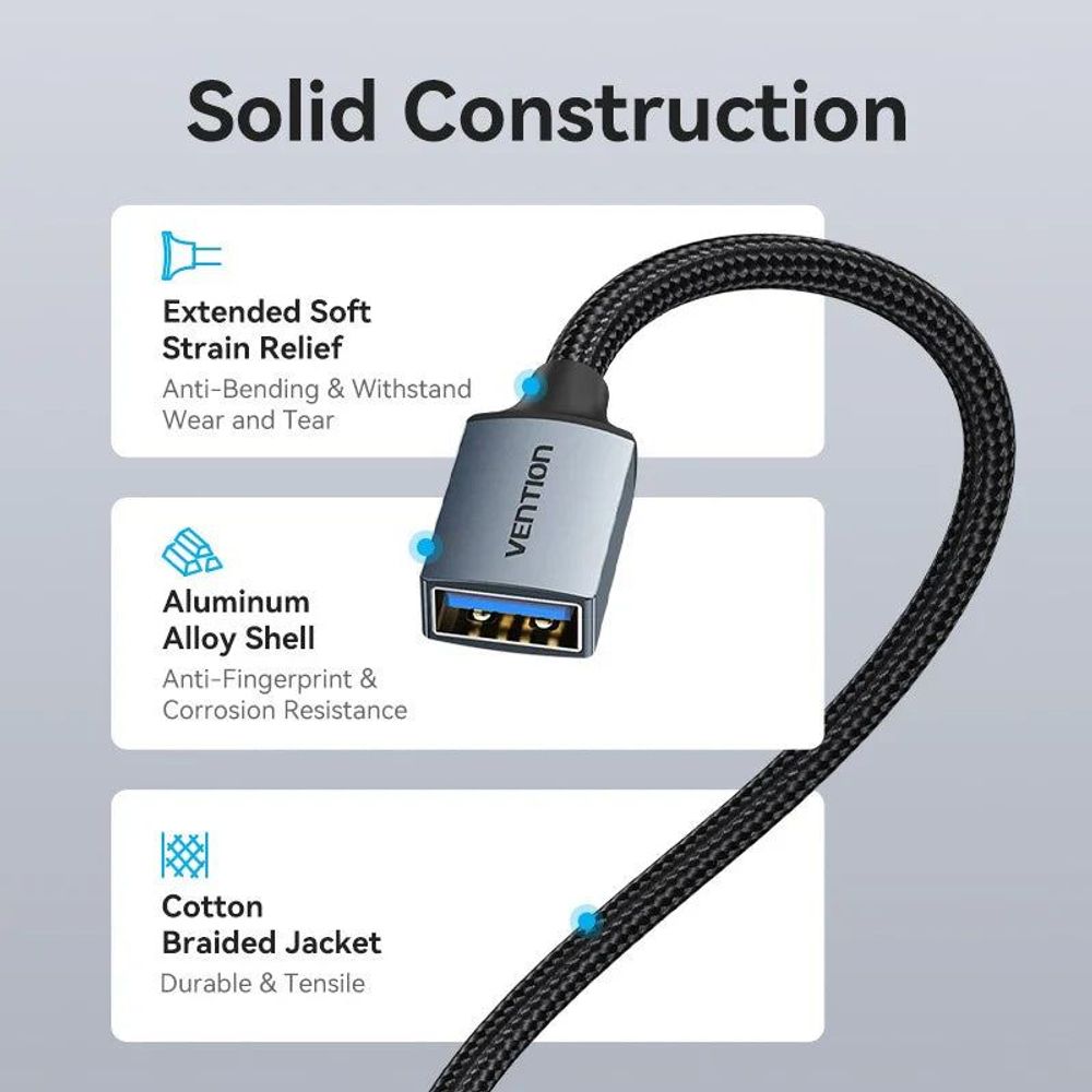 Vention Cotton Braided USB 3.0 Type A Male to Female Extension Cable 2M Gray Aluminum Alloy Type
