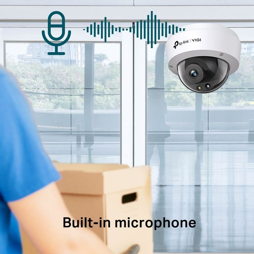 Dome network camera with built-in microphone illustration in a room