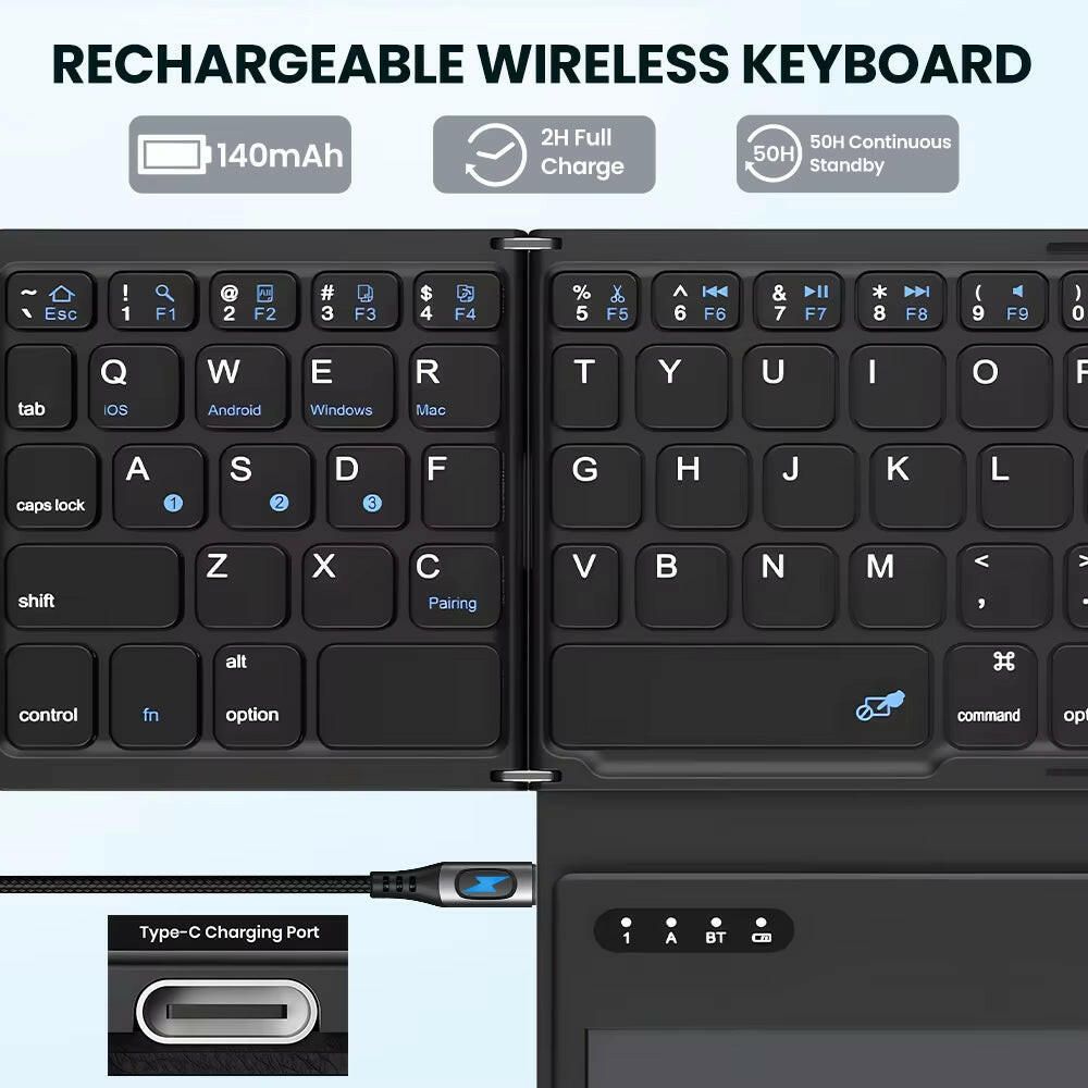 Portable Quadruple Folding Wireless Bluetooth Keyboard with Integrated Touchpad for Tablets and Smartphones