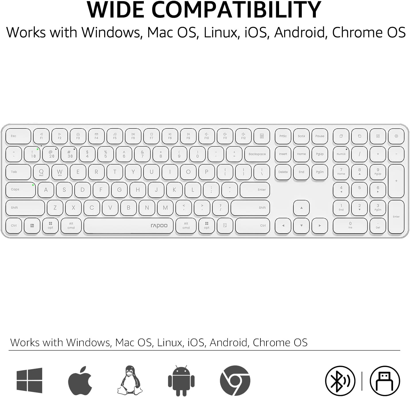 Rapoo E9550L Wireless Multi-mode Ultra-slim 110 Key Keyboard with Bluetooth and 2.4g White